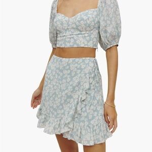 Reformation Light Blue and White Floral Wrap Skirt Set